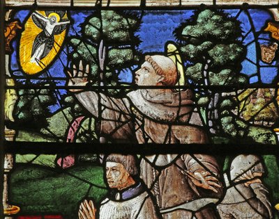 Raam met de schenker met Sint Franciscus die de Stigmata ontvangt door French School